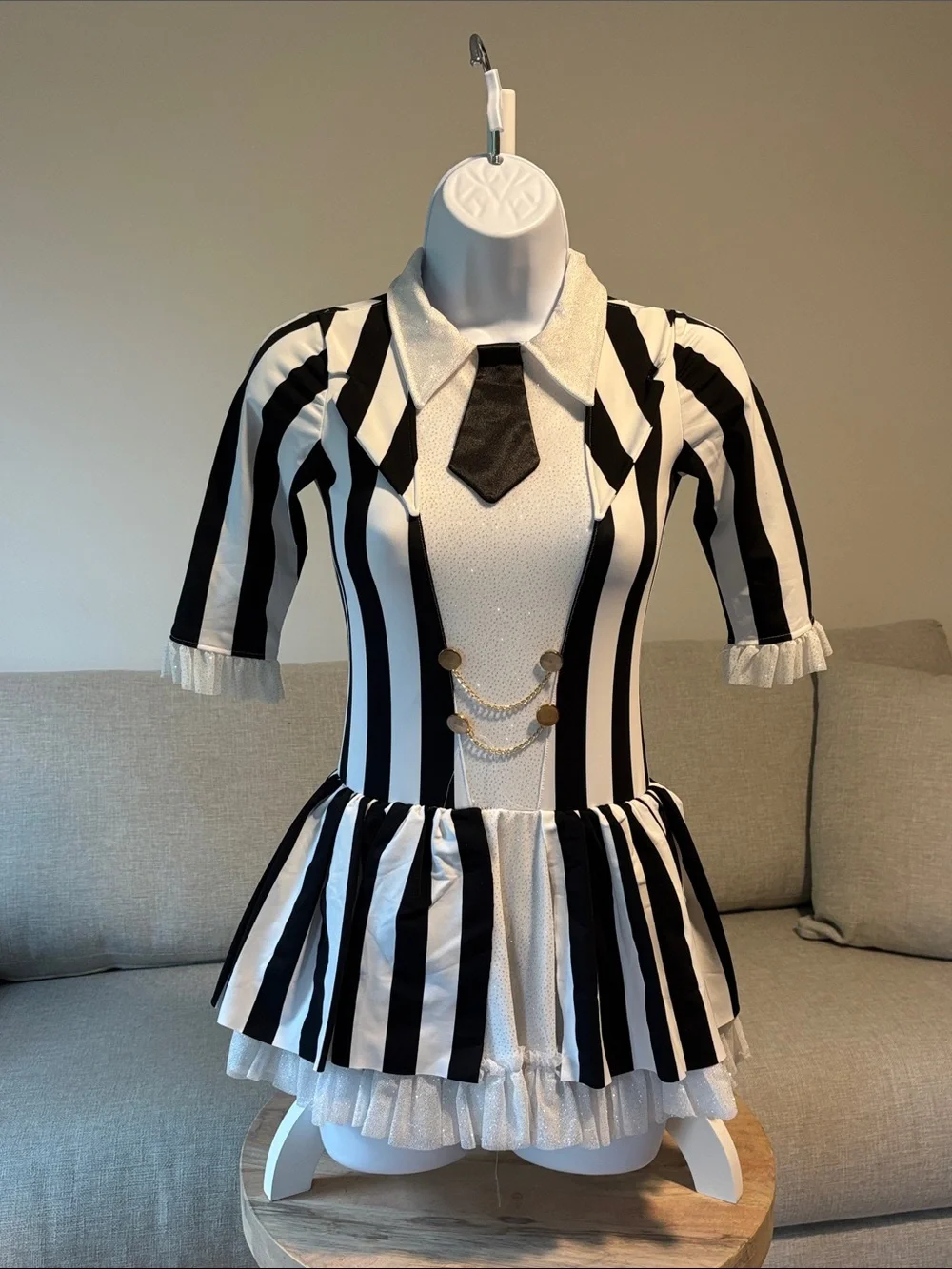 Black & White Striped Girls Dance /  Halloween Costume Dress with Tie and Chains